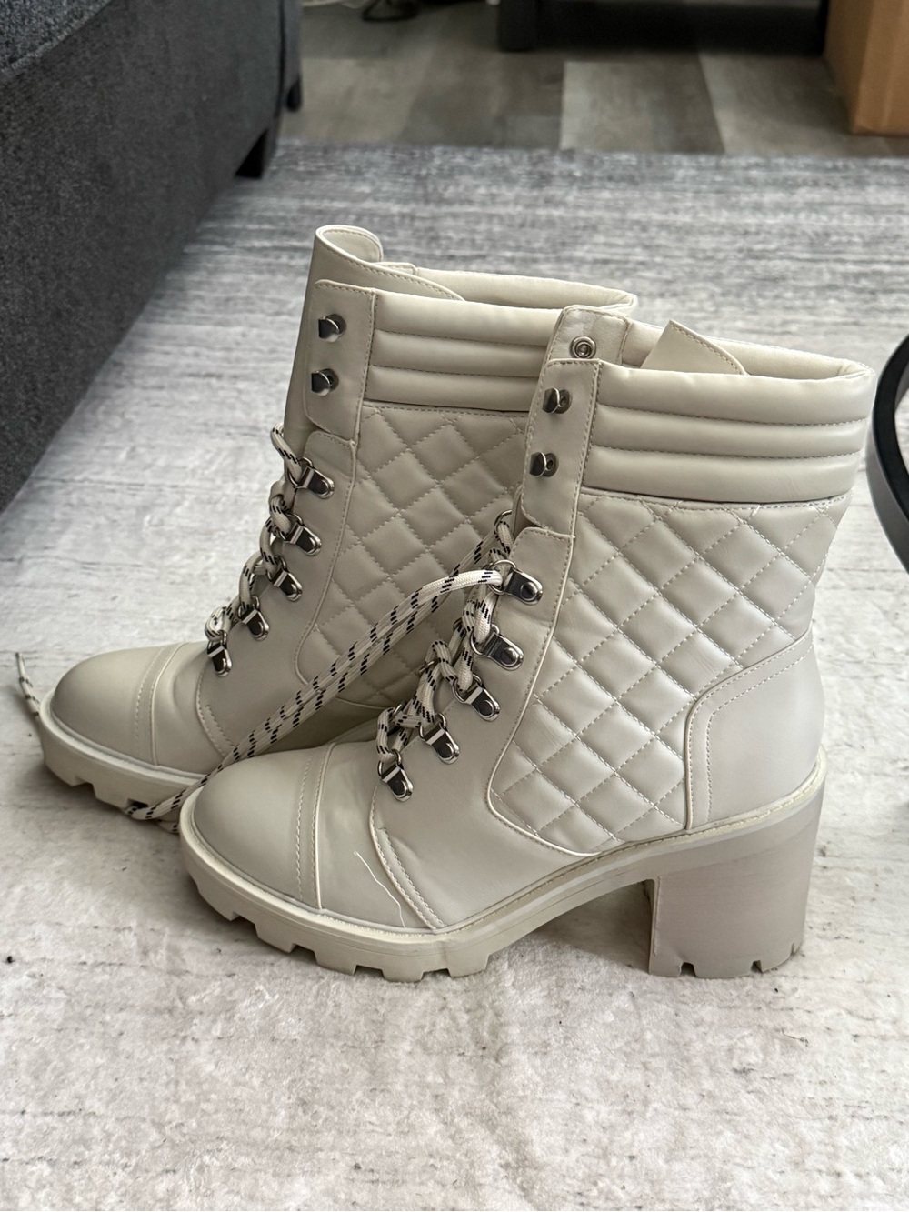 Nine West Quilted Lace-Up Combat Boots in Cream